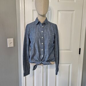 J. Crew Factory Blue Chambray Button-Down Tie-Front Shirt